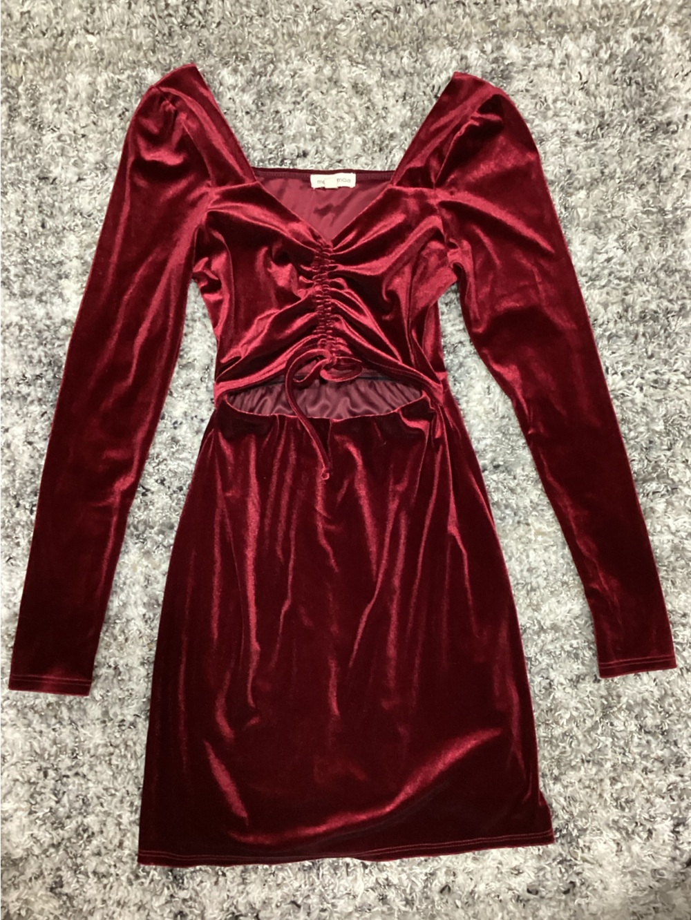 Moa Moa Burgundy Velvet Long Sleeve Ruched Cutout Dress